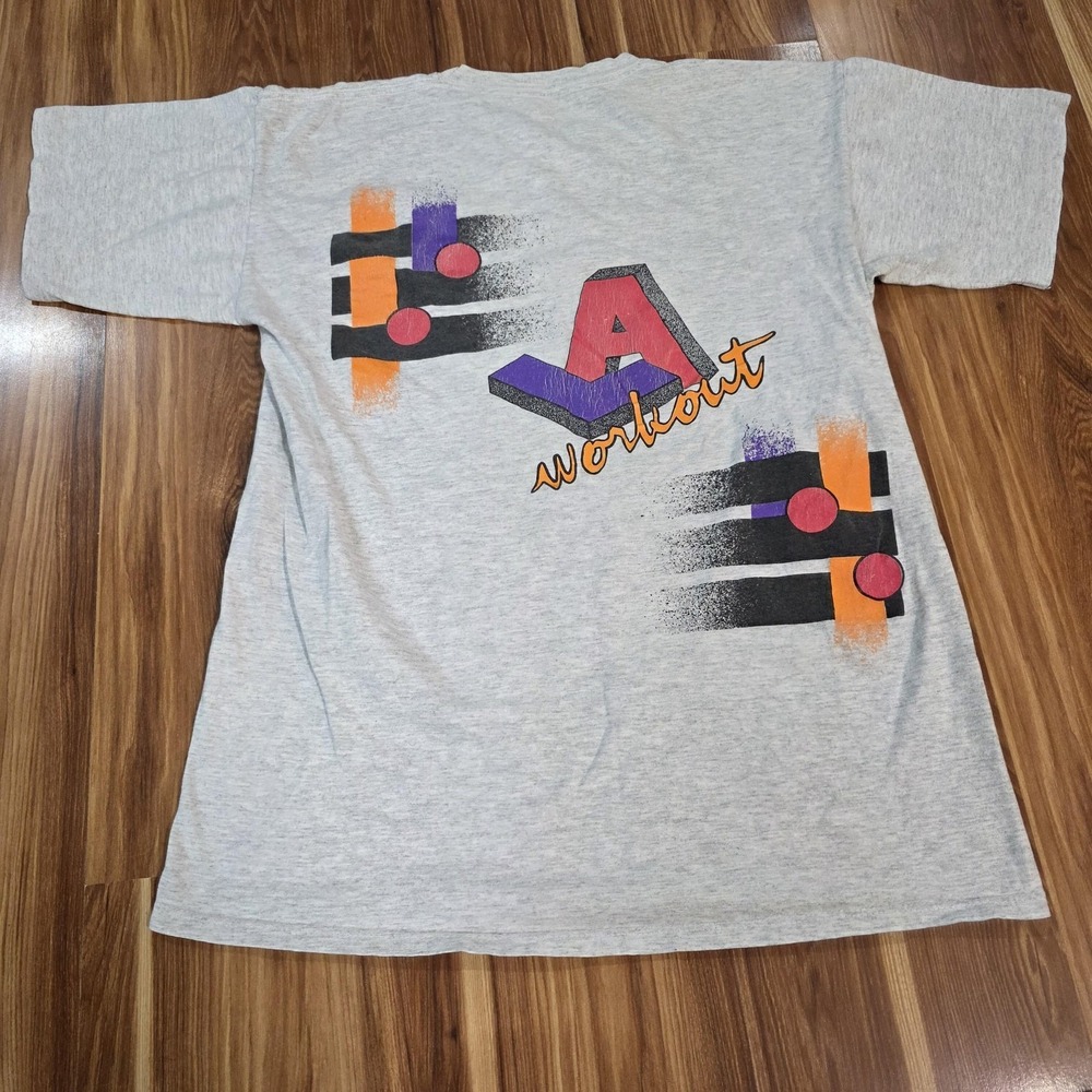 Vintage‎ LA Workout Shirt Mens Large Gray Double Sided Fitness Graphic 80s